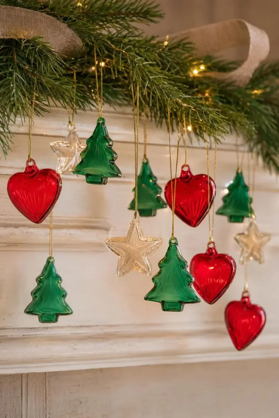 Vintage Pier 1 Glass Christmas Ornaments Set of 12, Hearts Trees and Stars, NIB